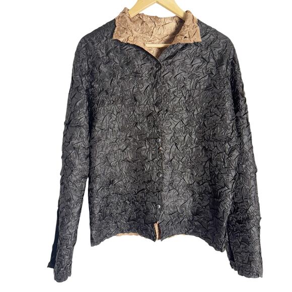 Vintage Jackets & Blazers - Itsu Popcorn Crinkled Black Brown Reversible Lightweight Jacket Sz M